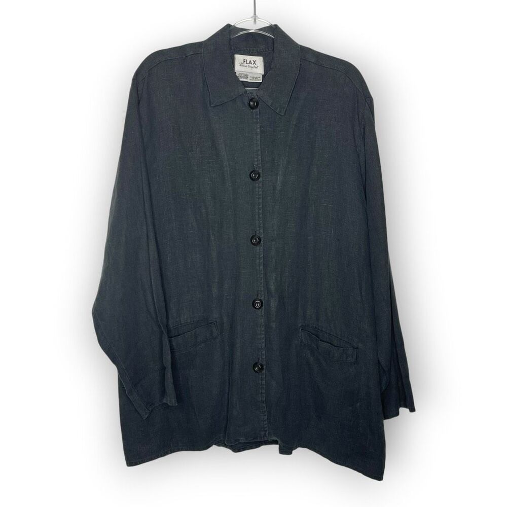 FLAX Jeanne Engelhart Linen Button Up Tunic Jacket Black Lagenlook Women Medium
